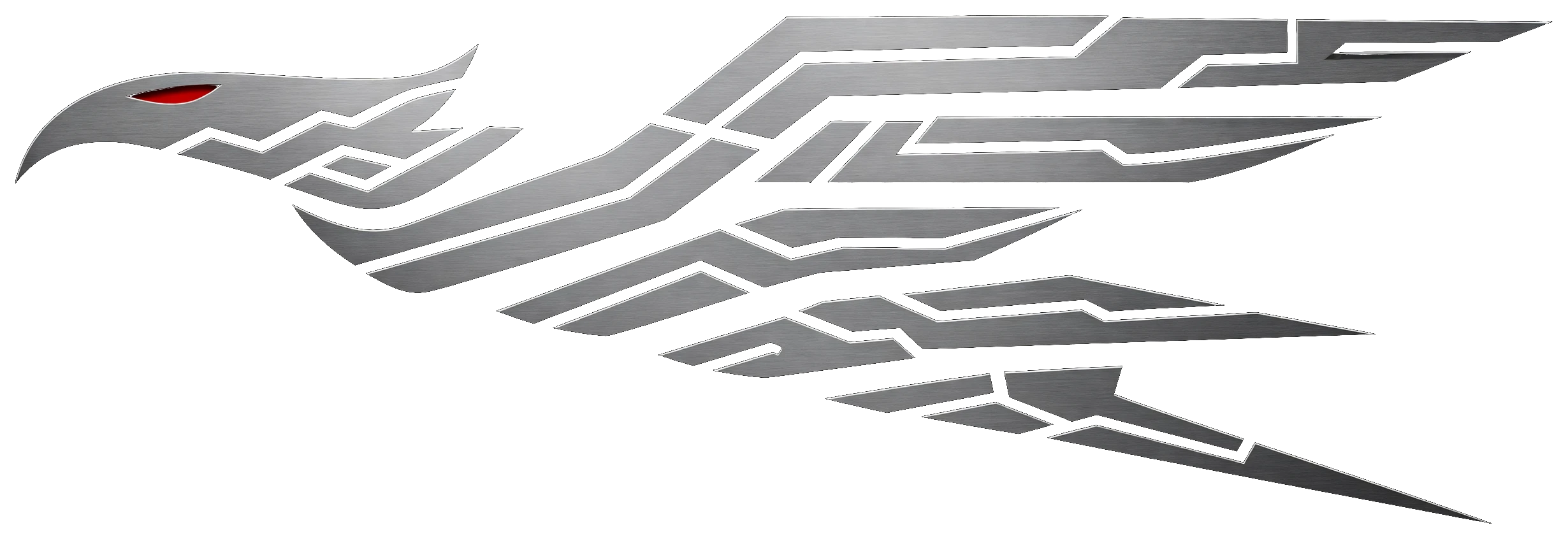 Steel-ribbon eagle in level flight to the left, crimson slit eye