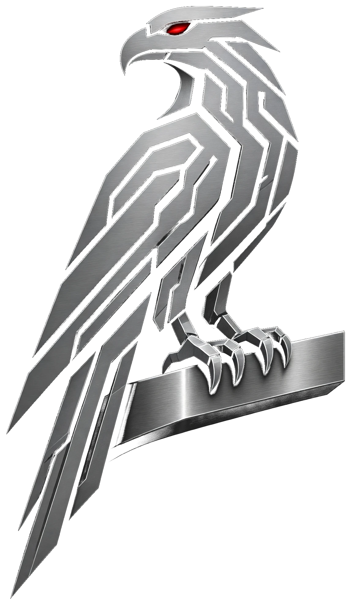 Steel-ribbon sentinel eagle gripping a bright beam on the wall, watchful, crimson slit eye